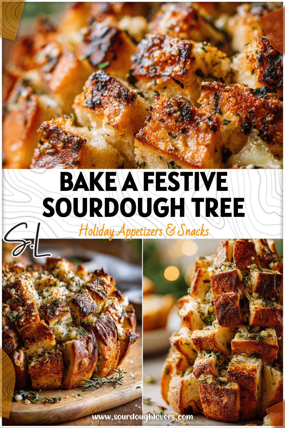 Golden garlic herb sourdough pull-apart tree made from roasted garlic sourdough bread shaped like a holiday tree